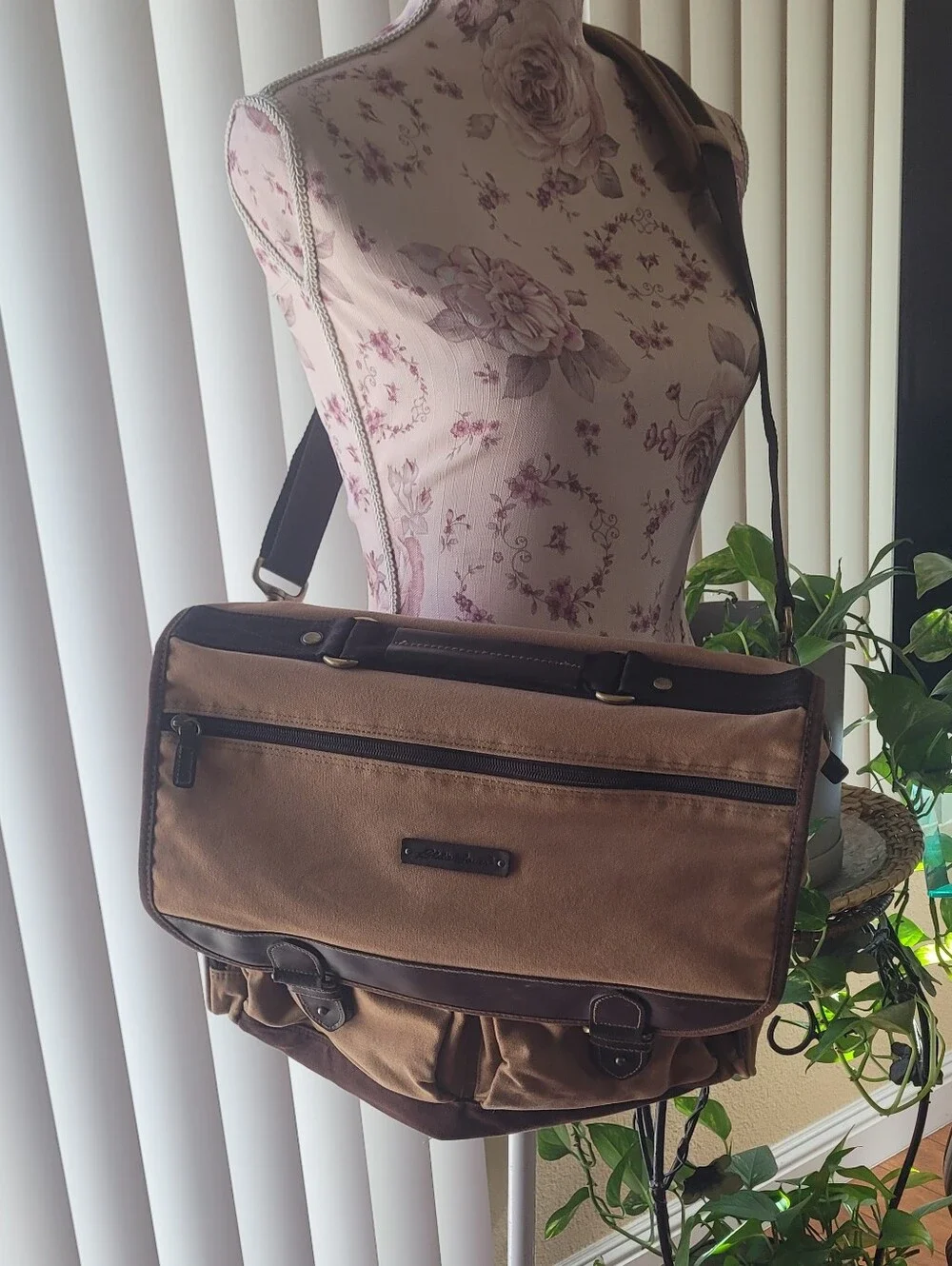 Eddie Bauer Tan and Dark Brown Canvas Messenger Bag with Black Trim